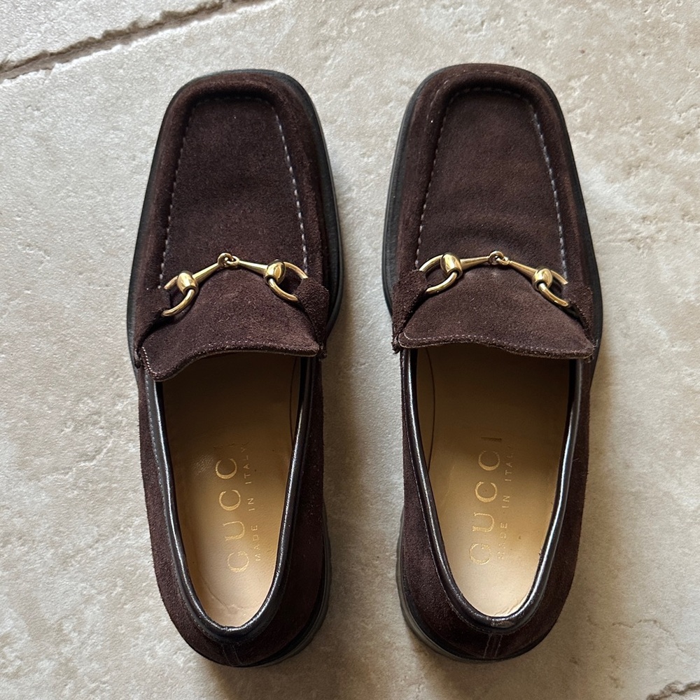 Gucci Men's Dark Brown Suede Loafers with Gold Buckle. Made in Italy